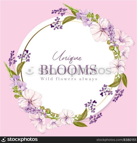 Wreath template with wild flowers concept,watercolor style 