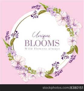Wreath template with wild flowers concept,watercolor style 