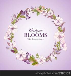 Wreath template with wild flowers concept,watercolor style
