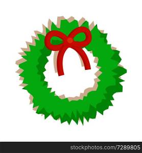 Wreath with bow of red color, green fluffy toy produced at Santa Claus factory at Christmas holiday celebration isolated on vector illustration. Wreath with Bow Fluffy Toy Vector Illustration