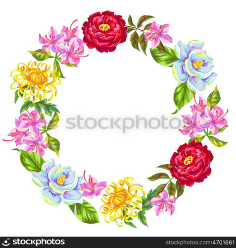 Wreath with China flowers. Bright buds of magnolia, peony, rhododendron and chrysanthemum.