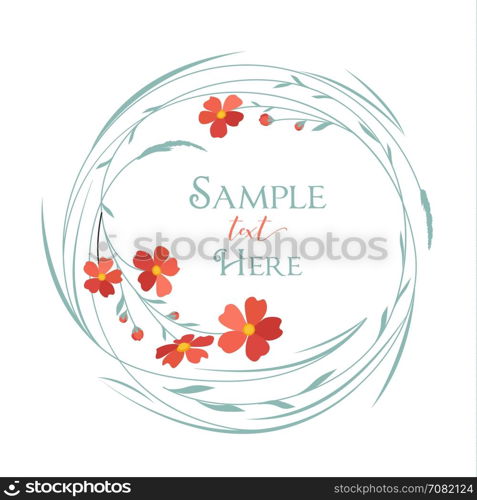 Wreath with grass and flowers. Vector illustrations floral circle with grass and red flowers