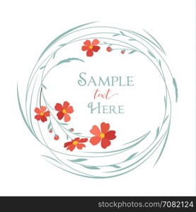 Wreath with grass and flowers. Vector illustrations floral circle with grass and red flowers