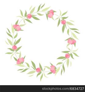 Wreath with grass and flowers. Vector illustrations floral circle with leaves and pink flowers