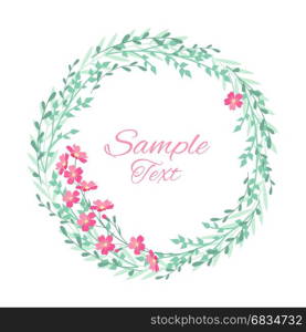 Wreath with grass and flowers. Vector illustrations floral circle with leaves and pink flowers