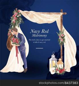 wreath with red navy wedding concept,watercolor style 