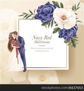 wreath with red navy wedding concept,watercolor style 