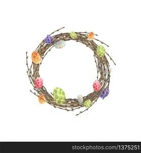 Wreath with willow branches and painted eggs in watercolor. Elements for a happy Easter card. Floral in circle frame. Vector. Wreath with willow branches and painted eggs in watercolor. Elements for a happy Easter card. Floral in circle frame. Vector.