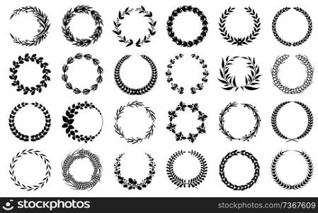 Wreaths collection black and white patterns set, isolated on bright backdrop vector illustration of varied shape and components crowns, floral design. Wreaths Collection Black and White Patterns Set