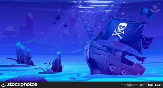 Wreck pirate ship, sunken filibuster vessel, wooden boat with jolly roger flag on ocean sandy bottom with sun beams falling from above, underwater world pc game background. Cartoon vector illustration. Wreck pirate ship, sunken filibuster wooden boat