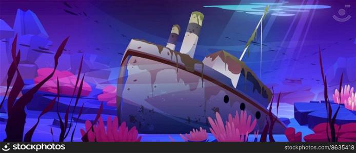 Wreck ship, sunken steamboat with pipes lying on ocean bottom with colorful corals and rocks. Broken antique vessel covered with green seaweeds. Navy scene, game background Cartoon vector illustration. Wreck ship, sunken steamboat lying on ocean bottom