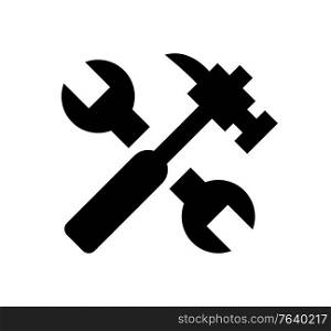 Wrench and hammer shapes, label or emblem with building equipments in black color, spanner instrument on white, creative idea of constructing vector. Spanner and Hammer Black Building Objects Vector