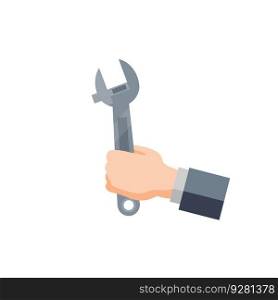 Wrench in hand. Technical work and repairs. Construction tool. Flat cartoon icon. Wrench in hand. Technical work