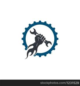 wrench in hand vector illustration and icon of automotive repair design