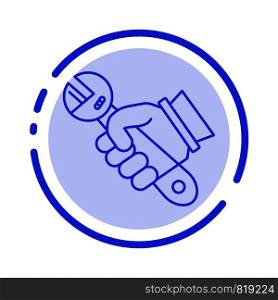 Wrench, Repair, Fix, Tools, Hand Blue Dotted Line Line Icon