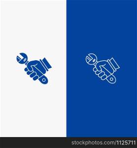Wrench, Repair, Fix, Tools, Hand Line and Glyph Solid icon Blue banner Line and Glyph Solid icon Blue banner