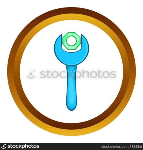Wrench vector icon in golden circle, cartoon style isolated on white background. Wrench vector icon