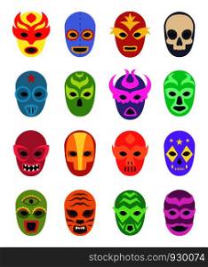 Wrestler masks. Mexican martial fighters sport clothes colored lucha libre masked vector collection. Illustration of wrestler mask, mexico entertainment culture. Wrestler masks. Mexican martial fighters sport clothes colored lucha libre masked vector collection