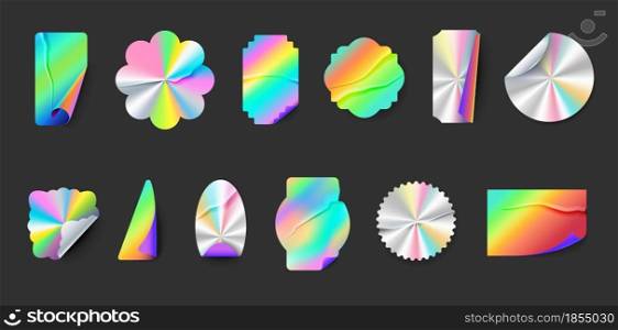 Wrinkled hologram label stickers with folds and peel edges. Square, round and star holographic metal seal. Neon shiny foil emblem vector set. Silver and rainbow badges of different shape