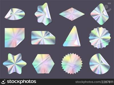 Wrinkled holographic stickers, rainbow hologram foil labels. Shiny iridescent tags with curved edges, guarantee seal emblem vector set. Illustration of realistic holograph patch. Wrinkled holographic stickers, rainbow hologram foil labels. Shiny iridescent tags with curved edges, guarantee seal emblem vector set