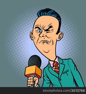 wrinkled nasty bad reporter correspondent journalist male. television and radio, Internet broadcasting. Comic book cartoon pop art retro vector illustration drawing. wrinkled nasty bad reporter correspondent journalist male