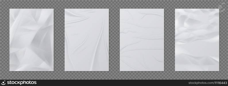 Wrinkled paper. Crumpled sheet of paper, empty realistic mockup for posters and banners. Vector 3D paper texture A4 pages, glued wet poster on wall. Wrinkled paper. Crumpled sheet of paper, empty realistic mockup for posters and banners. Vector 3D paper texture A4 pages