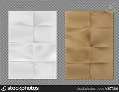 Wrinkled paper texture, white and brown kraft folded sheets. Blank flyers with folds, vintage letter, crumpled torn parchment pages isolated on transparent background, Realistic 3d vector illustration. Wrinkled paper texture white brown kraft sheets