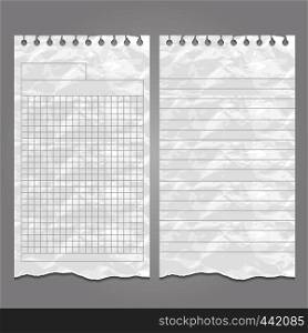 Wrinkled ripped lined page or sheet paper templates for notes or memo. Vector illustration. Wrinkled ripped lined page templates for notes or memo