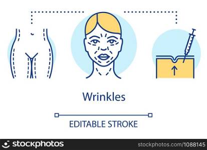 Wrinkles concept icon. Beauty injection idea thin line illustration. Aging changes. Wrinkled skin. Dermal filler. Syringe, cosmetology. Vector isolated outline drawing. Editable stroke