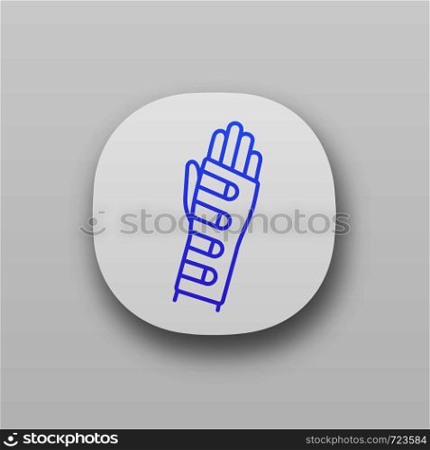 Wrist brace app icon. Hand orthosis. Radiocarpal joint bandage. UI/UX user interface. Wrist support. Hand splint. Web or mobile application. Vector isolated illustration. Wrist brace app icon