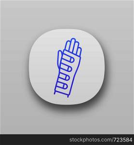 Wrist brace app icon. Hand orthosis. Radiocarpal joint bandage. UI/UX user interface. Wrist support. Hand splint. Web or mobile application. Vector isolated illustration. Wrist brace app icon