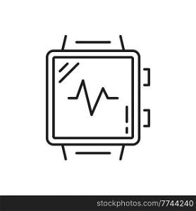 Wrist fitness tracker outline icon, body exercise thin line pictogram. Weight control and healthy lifestyle outline vector pictogram with pulse on smart watches screen. Wrist fitness tracker, smart watches outline icon