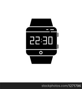 Wrist smartwatch black glyph icon. Smart watch with touchscreen display. Wristwatch. Digital clock. Wearable gadget. Fitness tracker. .Silhouette symbol on white space. Vector isolated illustration