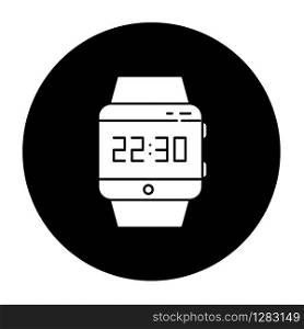 Wrist smartwatch glyph icon. Smart watch with touchscreen display. Wristwatch. Digital clock. Wearable gadget. Fitness tracker. Mobile device. Vector white silhouette illustration in black circle