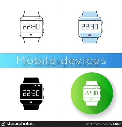 Wrist smartwatch icon. Smart watch with touchscreen display. Wristwatch. Digital clock. Wearable computing gadget. Fitness tracker. Linear black and RGB color styles. Isolated vector illustrations