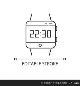 Wrist smartwatch pixel perfect linear icon. Smart watch. Digital wristwatch. Fitness tracker. Thin line customizable illustration. Contour symbol. Vector isolated outline drawing. Editable stroke