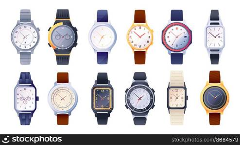Wrist watch collection. Classic mechanical clock face with fashion bracelet flat style, analog wristwatch smartwatch male female accessory. Vector set of mechanical wrist clock illustration. Wrist watch collection. Classic mechanical clock face with fashion bracelet flat style, analog wristwatch smartwatch male female accessory. Vector set