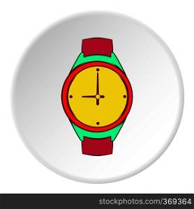 Wrist watch icon in cartoon style on white circle background. Time symbol vector illustration. Wrist watch icon, cartoon style