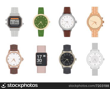 Wrist watch. Mens and womens mechanical, digital and smart watches with different bracelets and straps classy design flat isolated vector set. Wrist watch. Mens and womens mechanical, digital and smart watches with different bracelets and straps classy design flat vector set