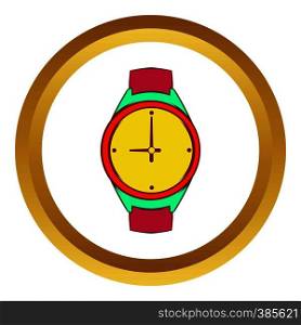 Wrist watch vector icon in golden circle, cartoon style isolated on white background. Wrist watch vector icon, cartoon style