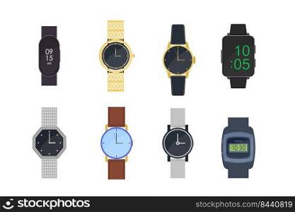 Wrist watches set. Digital clocks, bracelets, wristwatches for men and women. Vector illustration for time management, fashion, accessory, style concept