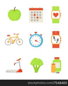 Wristwatch and apple isolated icons set vector. Apple and calendar, bicycle and clock, broccoli vegetable and bcaa vitamin. Treadmill running track. Wristwatch and Apple Icons Set Vector Illustration