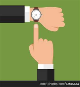 Wristwatch on hand. Businessman showing time on his watch, checking time or symbol of deadline. Minimize work, time is money vector concept. Wristwatch on hand. Businessman showing time on his watch, checking time. Minimize work, time is money vector concept