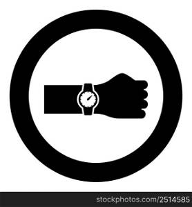 Wristwatch on hand Time on watch hand icon in circle round black color vector illustration image solid outline style simple. Wristwatch on hand Time on watch hand icon in circle round black color vector illustration image solid outline style