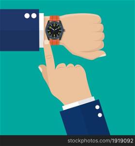 Wristwatch on the hand of businessman in suit. Businessman showing time on his modern watch, with his hands Vector illustration in flat design. Wristwatch on the hand of businessman in suit.
