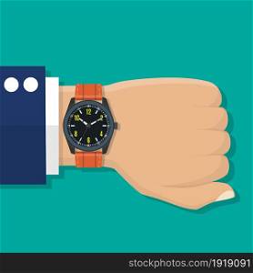 Wristwatch on the hand of businessman in suit. Time on wrist watch. Man with clock checks the time. Vector illustration in flat design. Wristwatch on the hand