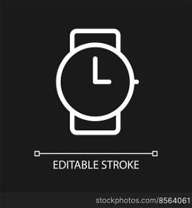 Wristwatch pixel perfect white linear ui icon for dark theme. Buying watches. Jewelry store. Vector line pictogram. Isolated user interface symbol for night mode. Editable stroke. Arial font used. Wristwatch pixel perfect white linear ui icon for dark theme