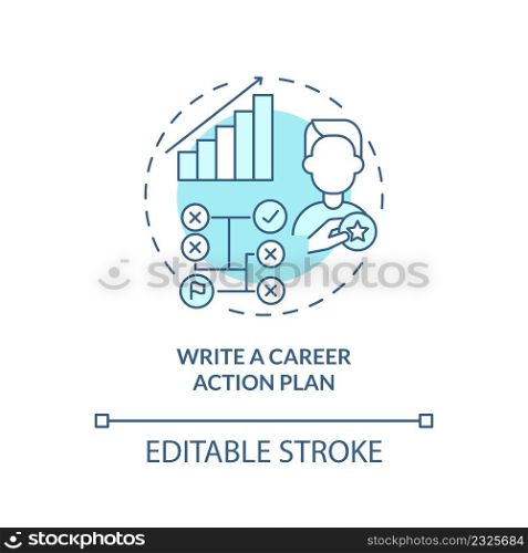 Write career action plan turquoise concept icon. Step to find right occupation abstract idea thin line illustration. Isolated outline drawing. Editable stroke. Arial, Myriad Pro-Bold fonts used. Write career action plan turquoise concept icon