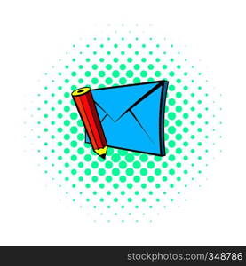 Write e-mail icon in pop-art style on dotted background. Internet and message symbol. Write e-mail icon, pop-art style