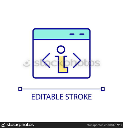Write programming code RGB color icon. Software development. Computer program. Coding language. Isolated vector illustration. Simple filled line drawing. Editable stroke. Arial font used. Write programming code RGB color icon
